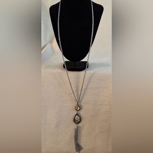 Ruby Rd Elegant Silver-Tone Tassel Pendant Necklace with Olive-Green Stones